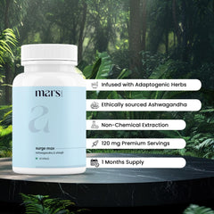 Mars GHC Surgemax bottle front label featuring shilajit and safed musli for natural vitality.