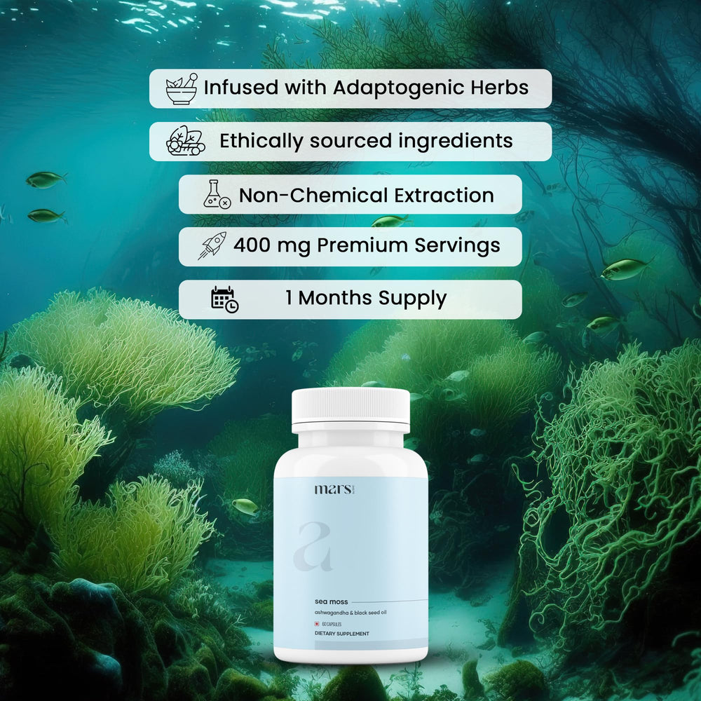 Mars Sea Moss Caps Surge ashwagandha root image suggests stress resilience support.