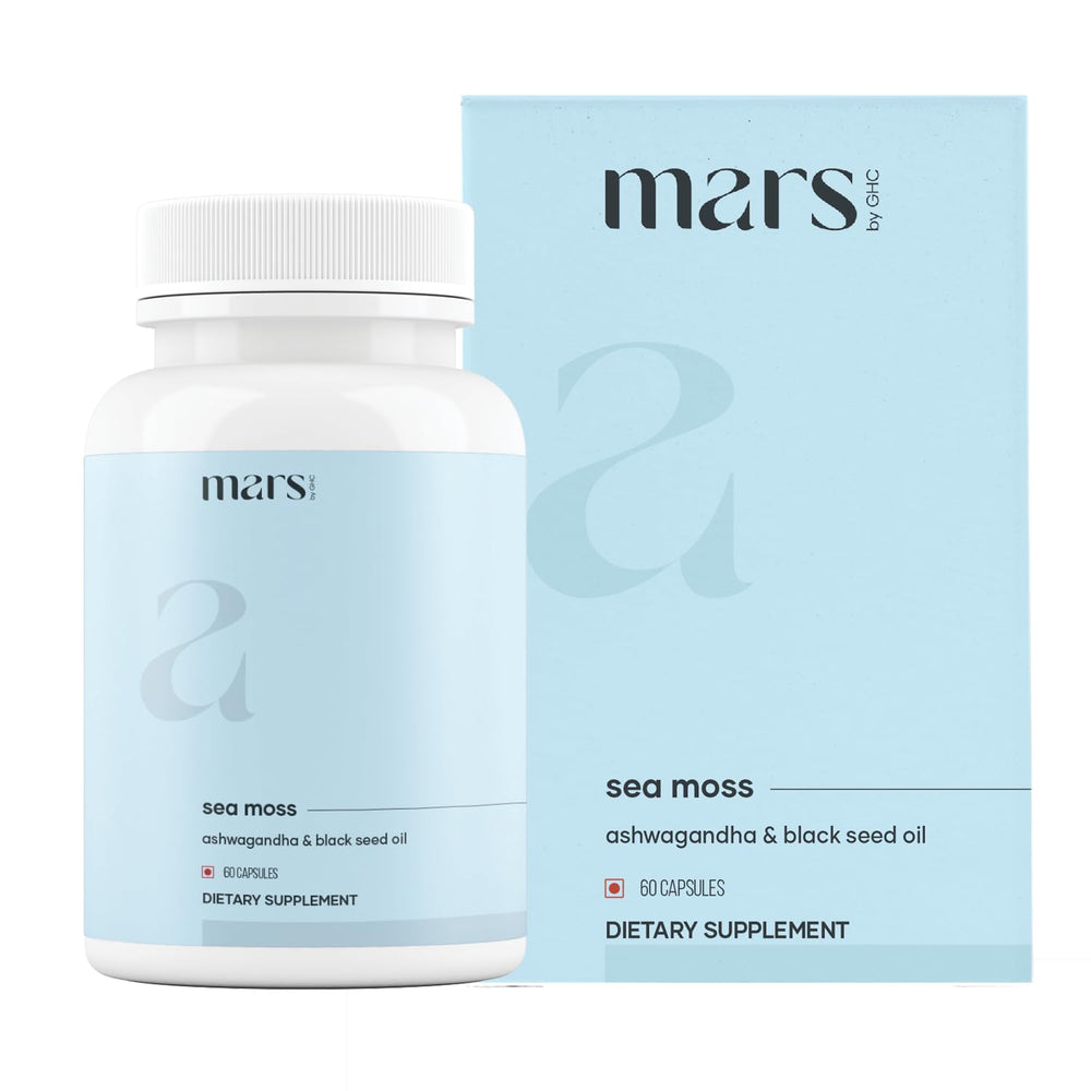 Mars Sea Moss Caps Surge ingredient panel highlights minerals and botanicals for daily vitality.