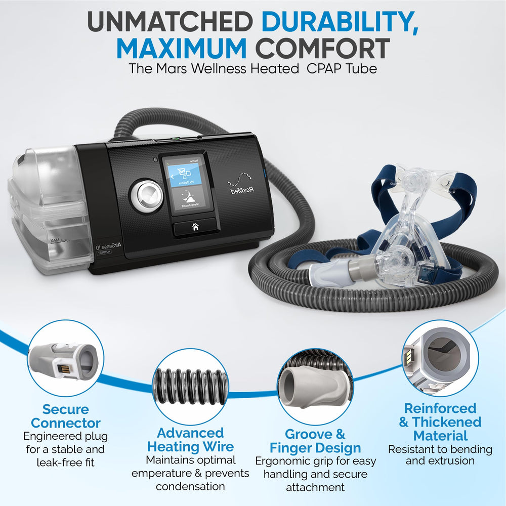 Mars Wellness CPAP hose demonstrating rainout prevention in a nighttime setup
