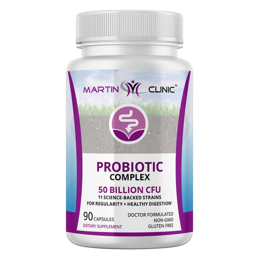 Martin Clinic Probiotic bottle front showing branding and design for daily gut balance