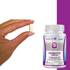 Martin Clinic Probiotic label emphasizing gut-brain connection for focus