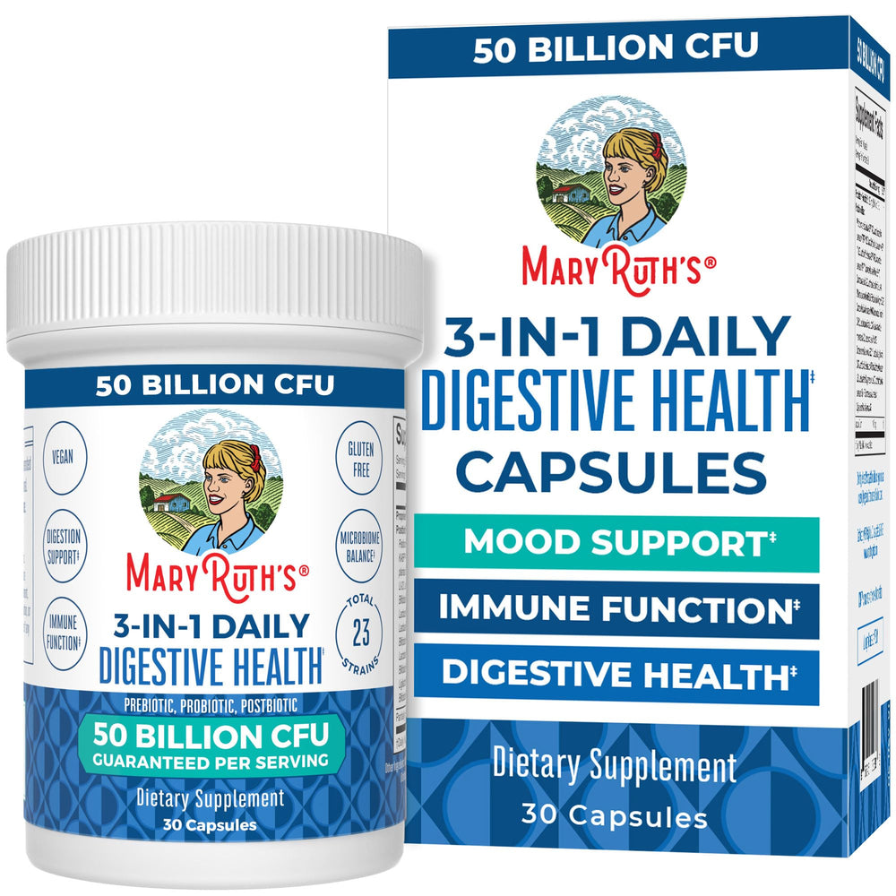 MaryRuth's 3-in-1 Probiotics bottle label highlights 23 strains for gut balance.