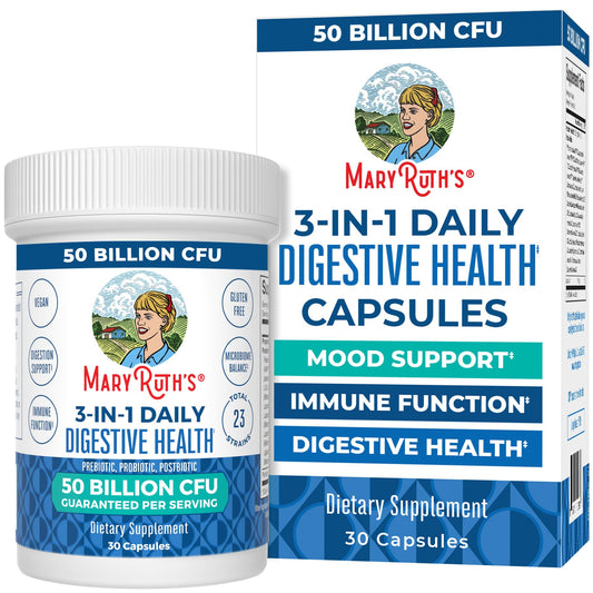 MaryRuth's 3-in-1 Probiotics bottle label highlights 23 strains for gut balance.