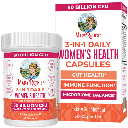 MaryRuth's 3-in-1 Daily Health Probiotics bottle front for easy daily gut and hormone support.