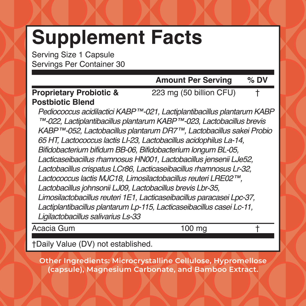 MaryRuth's bottle label highlights 50B CFU and 23 strains for balanced wellness.