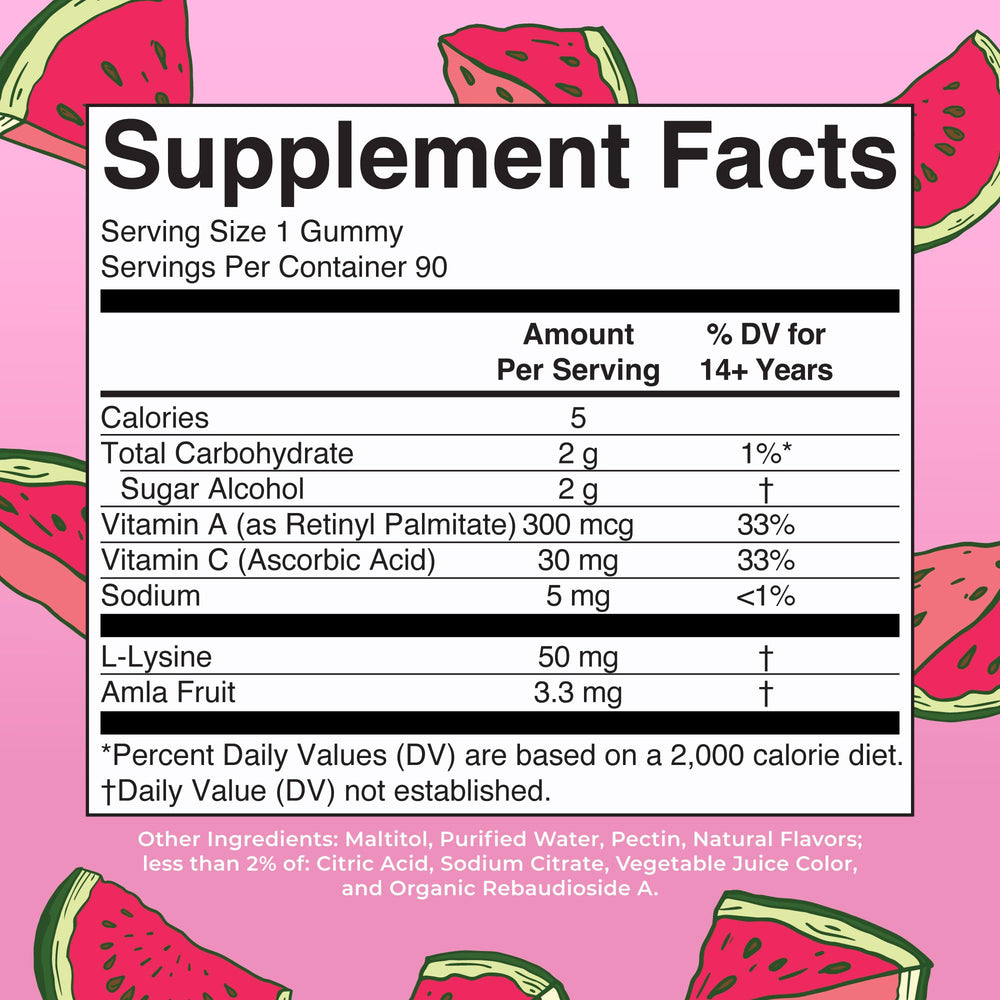 MARYRUTH'S collagen boosting gummies ingredients close-up featuring lysine, amla, and vitamins