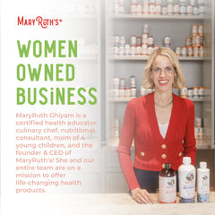 MaryRuth's CoQ10 bottle beside a glass of water for easy intake.