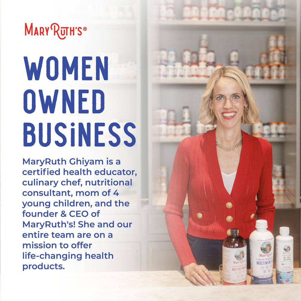 MaryRuth's Gut Flora Health+ Enzymes bottle displayed on a counter