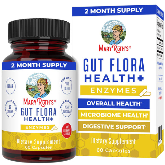 MaryRuth's Gut Flora Health+ Enzymes bottle on a clean surface promotes digestive health