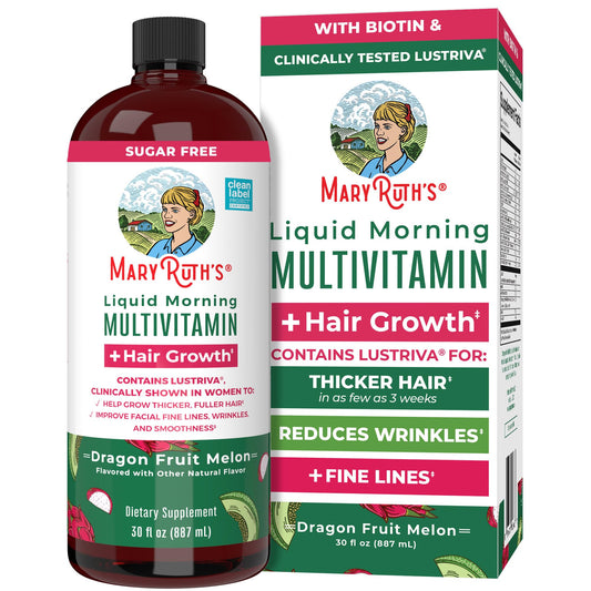 MARYRUTH'S Liquid Multivitamin + Hair Growth bottle supports daily wellness and hair health.