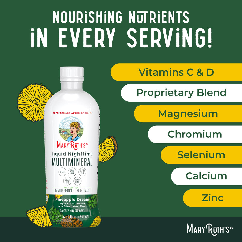 MaryRuth's Nighttime Multimineral non-GMO vegan credentials on label