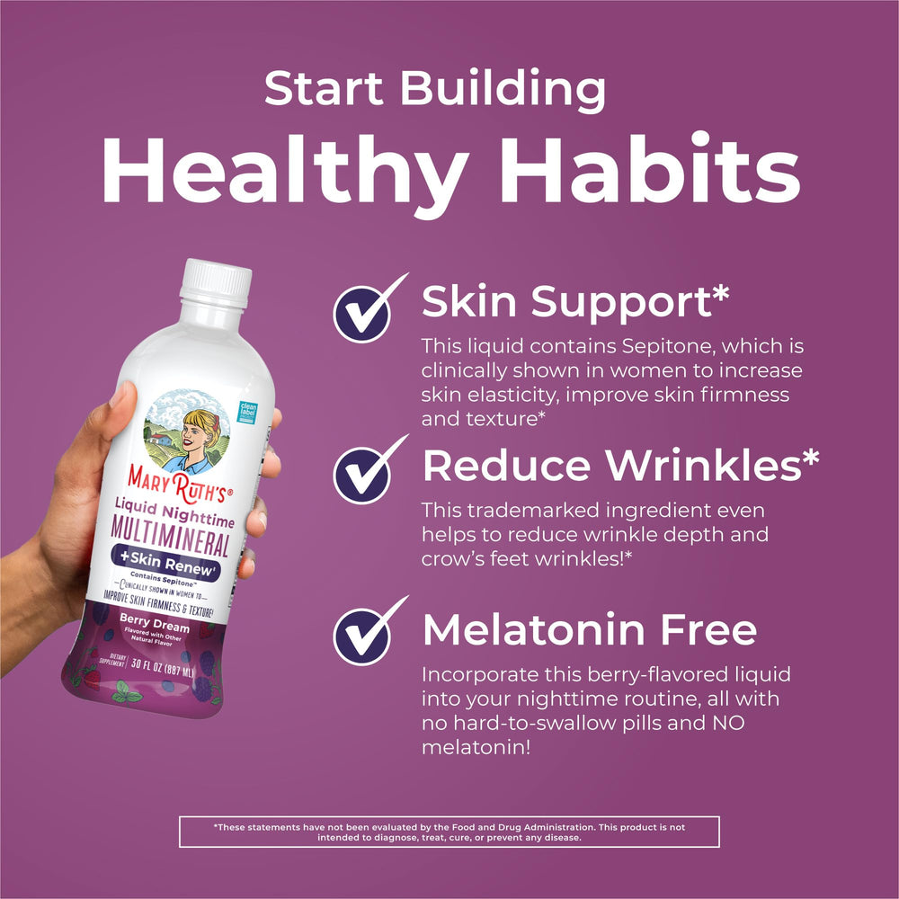MaryRuth's Nighttime Multimineral ingredient list visual featuring seven minerals and Sepitone.