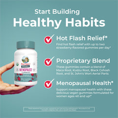 MaryRuth's Organic Menopause Gummies bottle beside a glass suggests convenient on-the-go use.