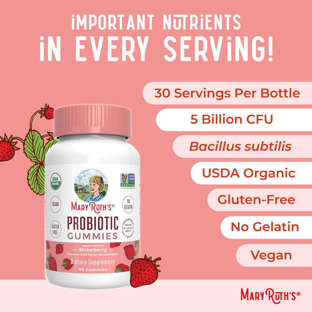 MARYRUTH'S Organic Probiotic Gummies vegan non-GMO badge closeup