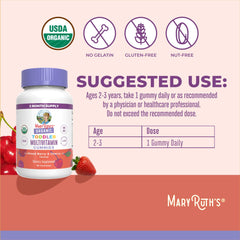 Toddler taking a gummy from MaryRuth's multivitamin bottle