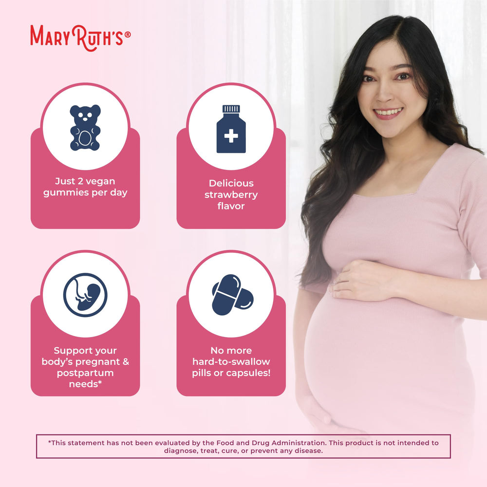 MaryRuth's prenatal packaging shows clean label and GMP certification.
