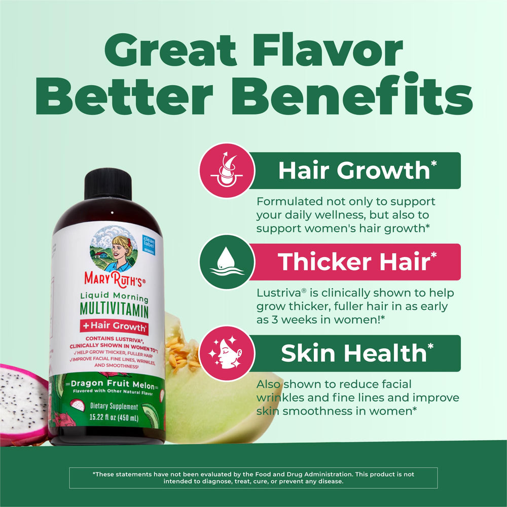 Peach mango flavored liquid multivitamin bottle emphasizes pleasant daily flavor.