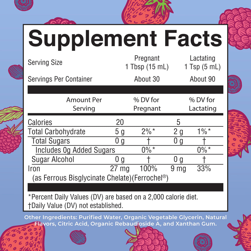 MaryRuth’s Prenatal Iron Liquid bottle back with supplement details and allergen info
