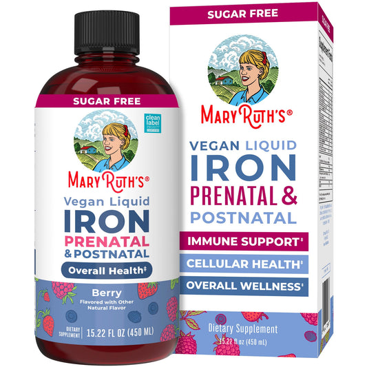 MaryRuth’s Prenatal Iron Liquid bottle front showing berry flavor for daily use