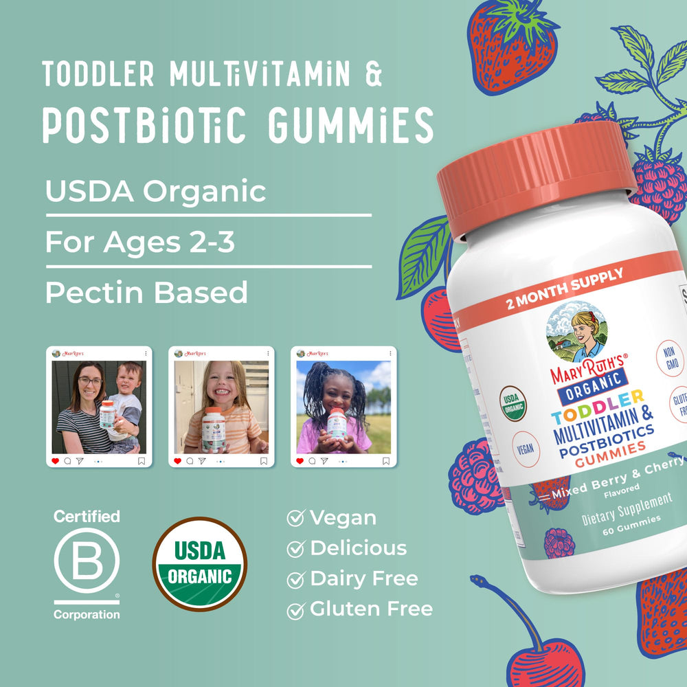 MaryRuth's Toddler Multivitamin Gummies daily dosing guidance for ages 2+.