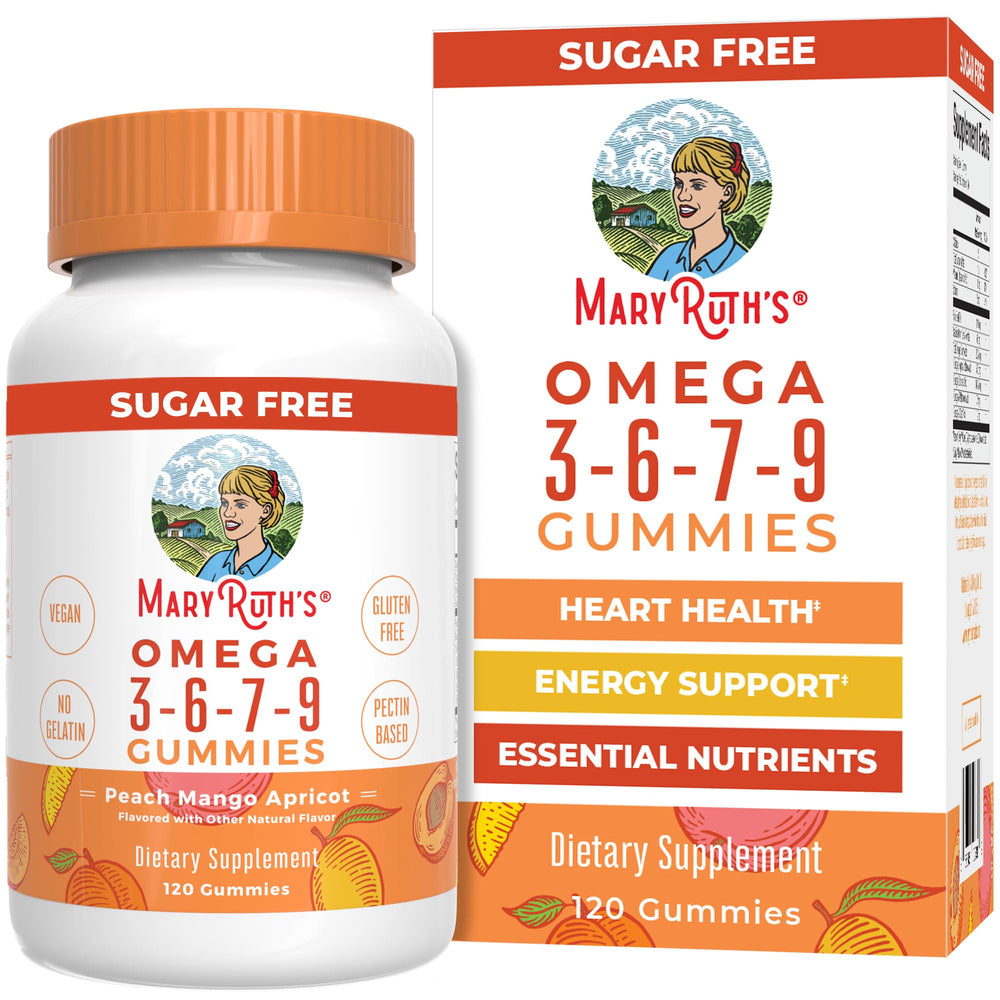 MaryRuth's vegan Omega 3-6-7-9 gummies bottle, daily plant-based supplement.