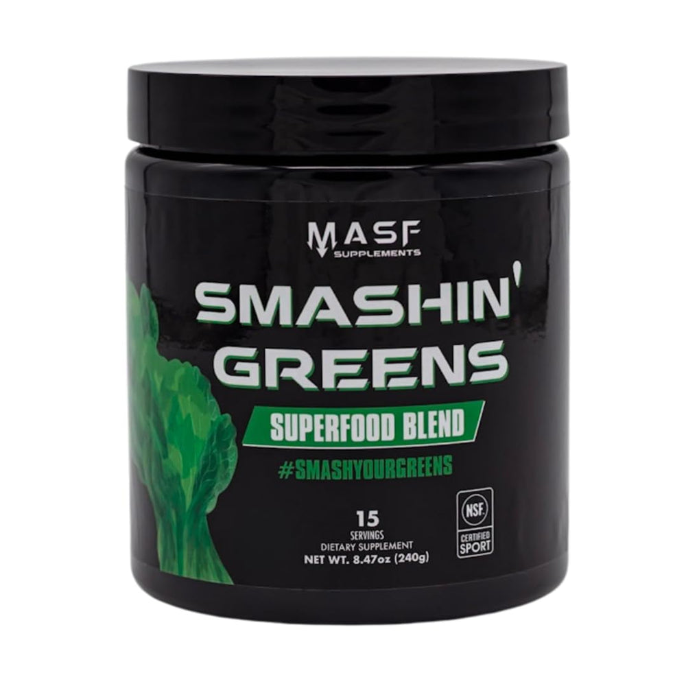 MASF Smashin' Greens bottle on kitchen counter for natural energy support