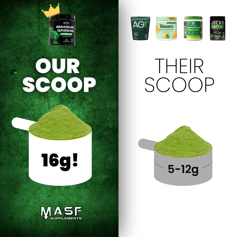 Scoop of Smashin' Greens powder beside a glass for immune-supporting nutrition