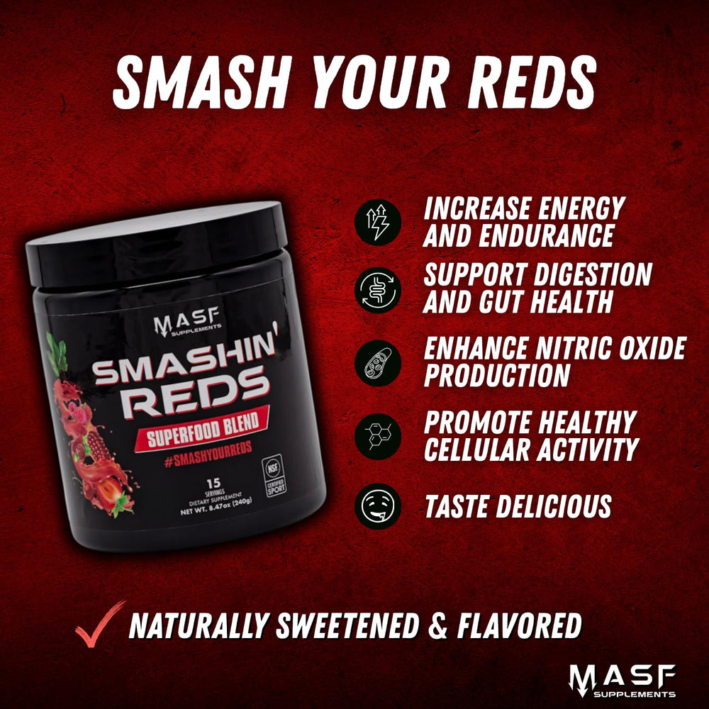 MASF Smashin' Reds beet root base—natural antioxidants for daily performance.
