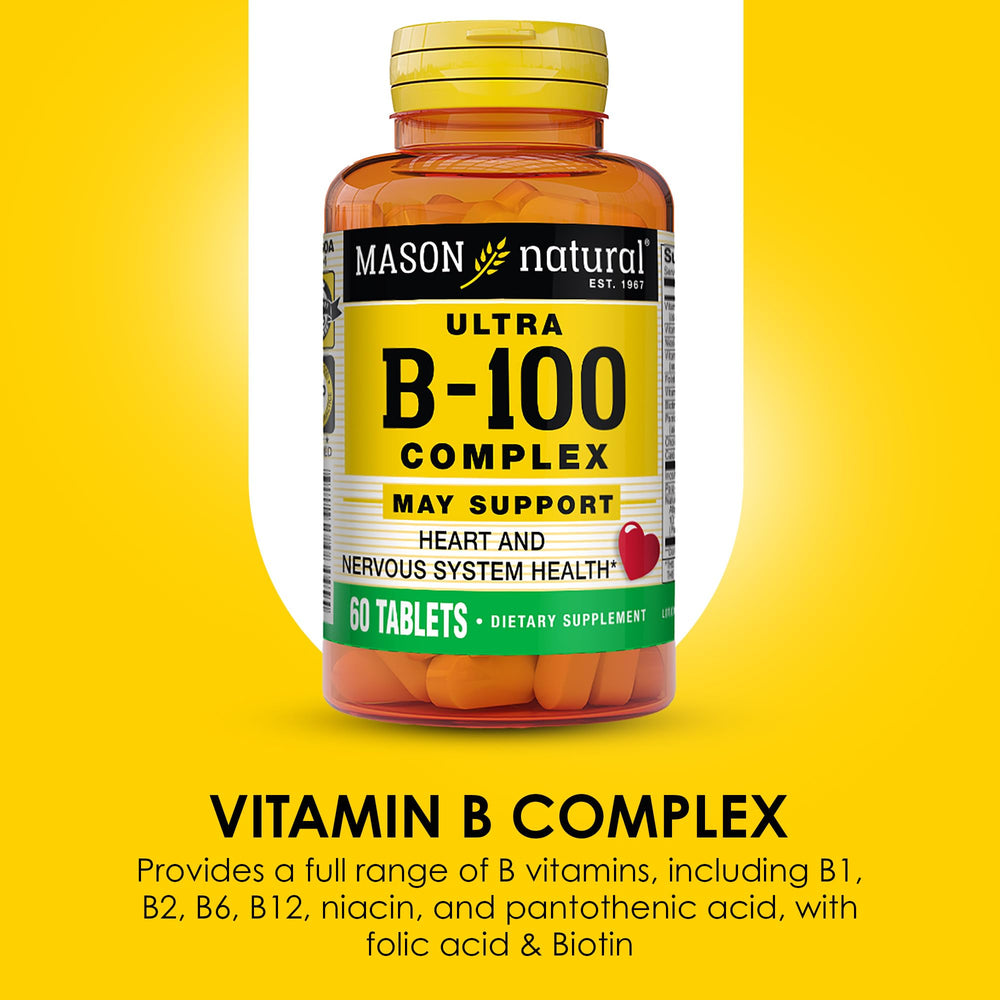 Packaging shows Mason Natural Ultra B100 Complex three-pack value.