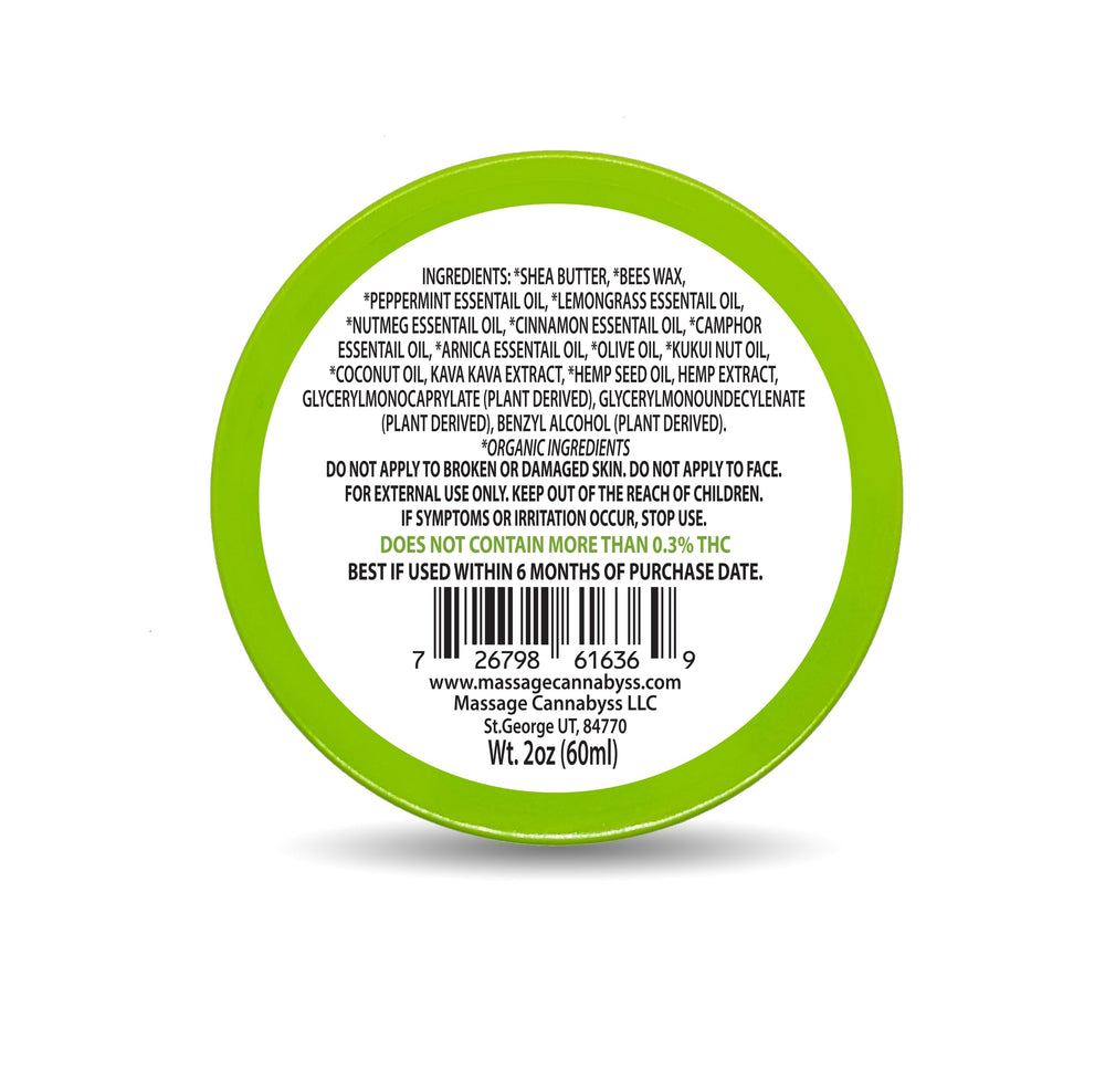 Massage Cannabyss Hemp Muscle Balm lab-test scene showing third-party verification for non-psychoactive topical care.