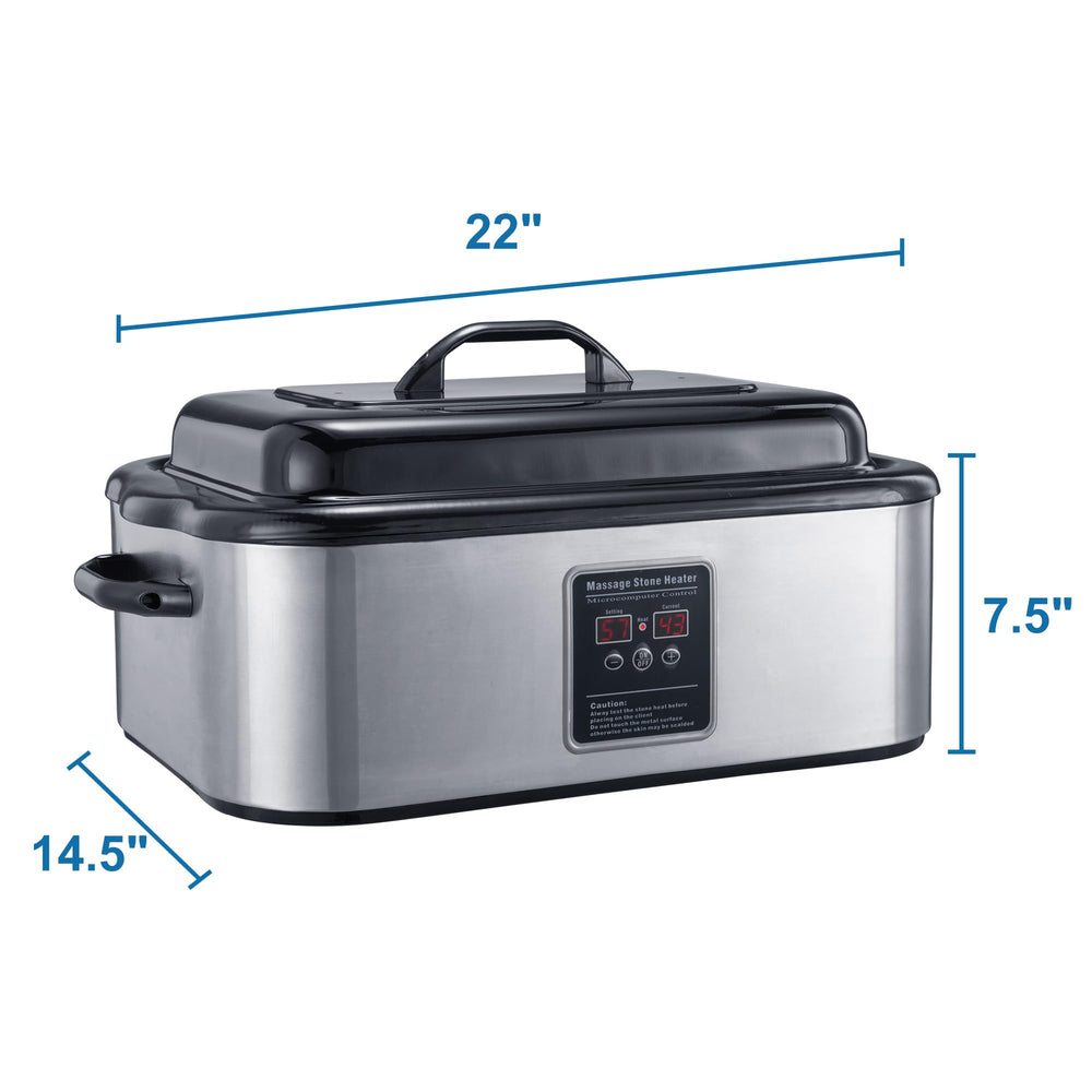 Master Massage hot stone warmer offers 105–160°F with a Celsius/Fahrenheit switch.