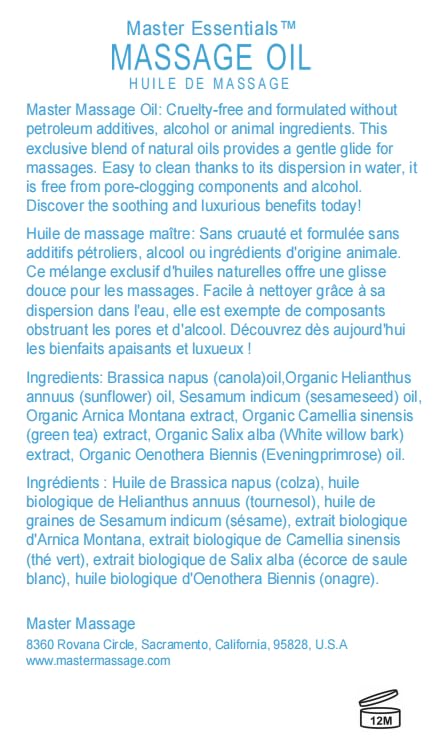 Master Massage 8 fl oz bottle demonstrates a silky glide and skin nourishment.