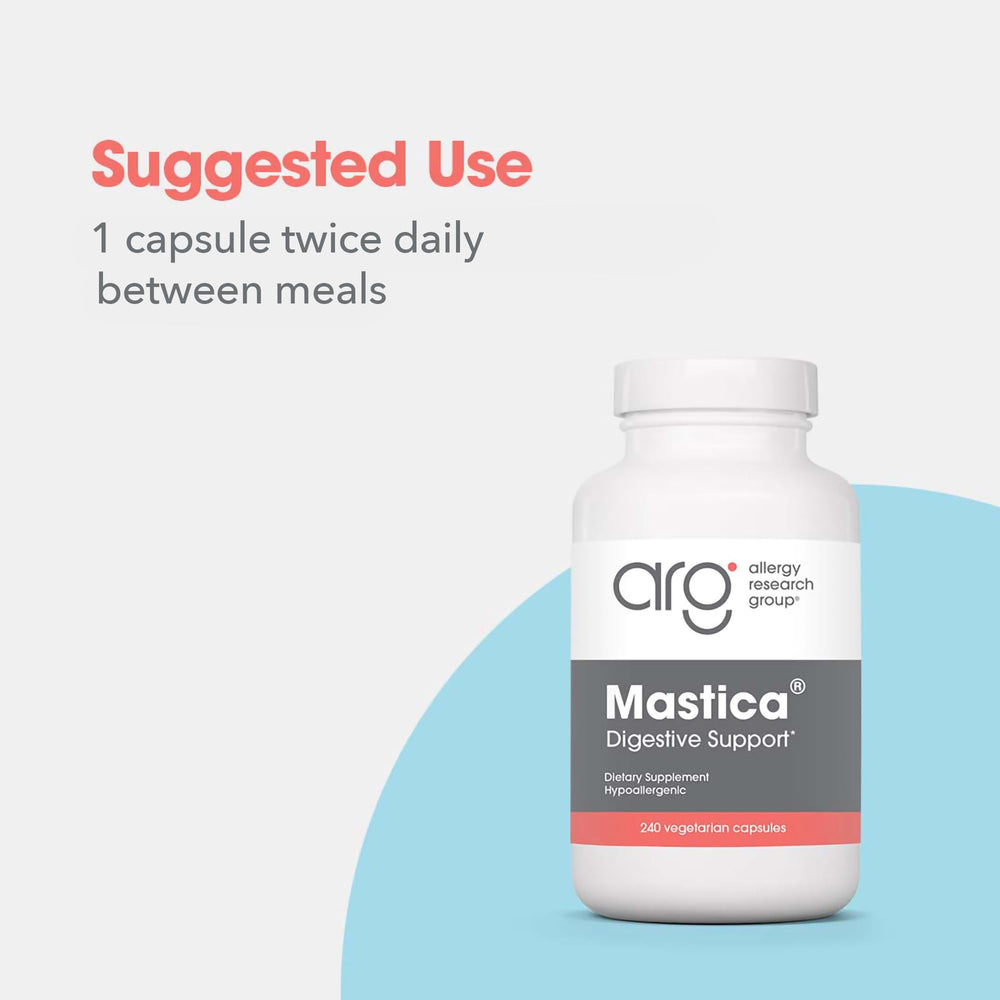 Mastica capsules packaging panel, featuring traditional botanical resin benefits.
