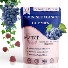 MATOP Probiotic Gummies bottle-front displays vegan formula for daily feminine wellness.