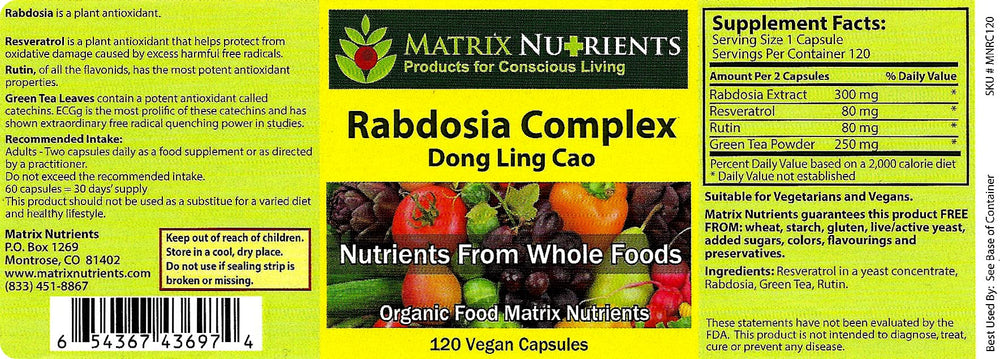 Matrix Nutrients Rabdosia Complex bottle and capsules on neutral background.