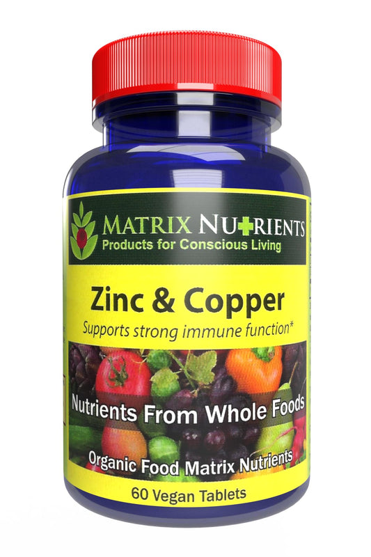 Matrix Nutrients zinc copper tablets pack shows vegan formula for immune support