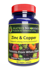 Matrix Nutrients zinc copper tablets pack shows vegan formula for immune support