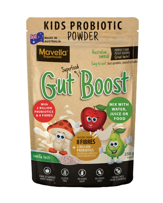 Mavella Kids Probiotic Powder bottle with vanilla flavor supports daily digestion.