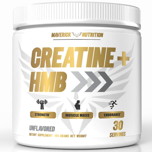 Maverick Nutrition Creatine HMB bottle label highlights purity for reliable workouts.