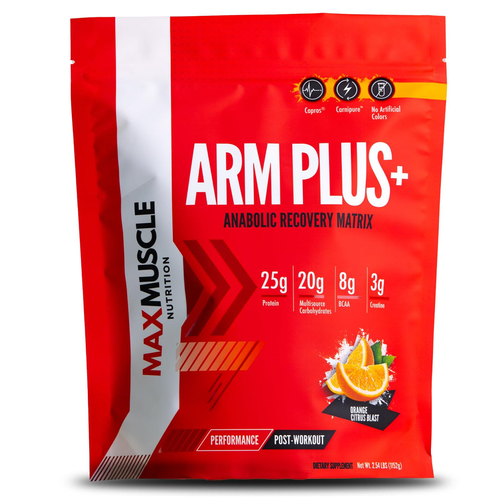 Max Muscle Arm Plus+ bottle front for post-workout recovery flavor Orange Citrus Blast.