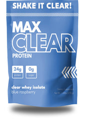 Max Muscle Max Clear Protein blue raspberry bottle for quick protein intake.