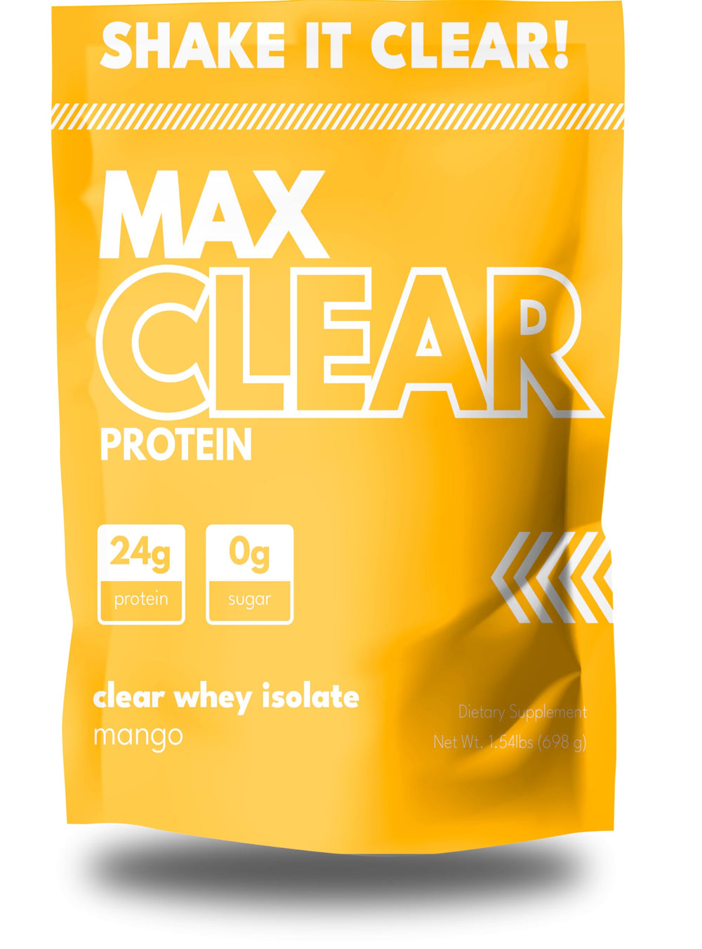 Max Muscle Max Clear Protein bottle pouring mango shake for refreshing post-workout hydration.