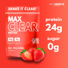 Glass of Max Clear Protein strawberry shake showing juice-like texture and hydration