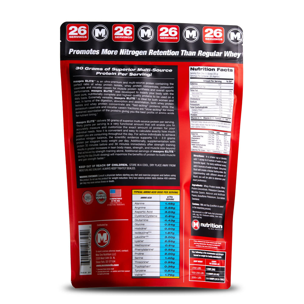 Max Muscle Maxpro Elite micellar-casein content emphasizes slow-release protein benefits.
