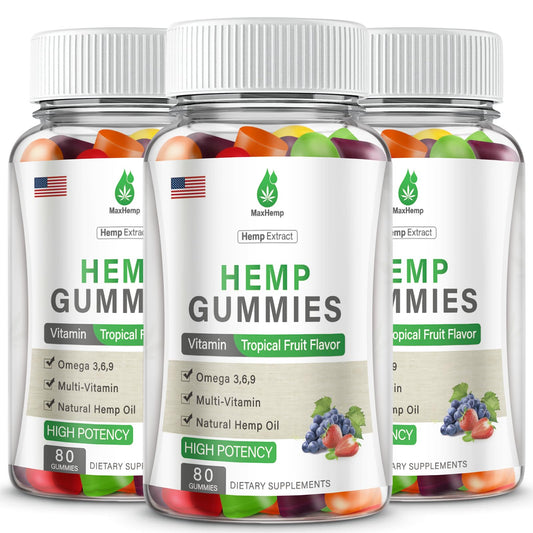 MaxHemp Hemp Gummies front bottle showing convenient daily wellness and sleep support