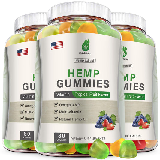 MaxHemp hemp gummies pack image showing a 3-pack for daily sleep and calm support