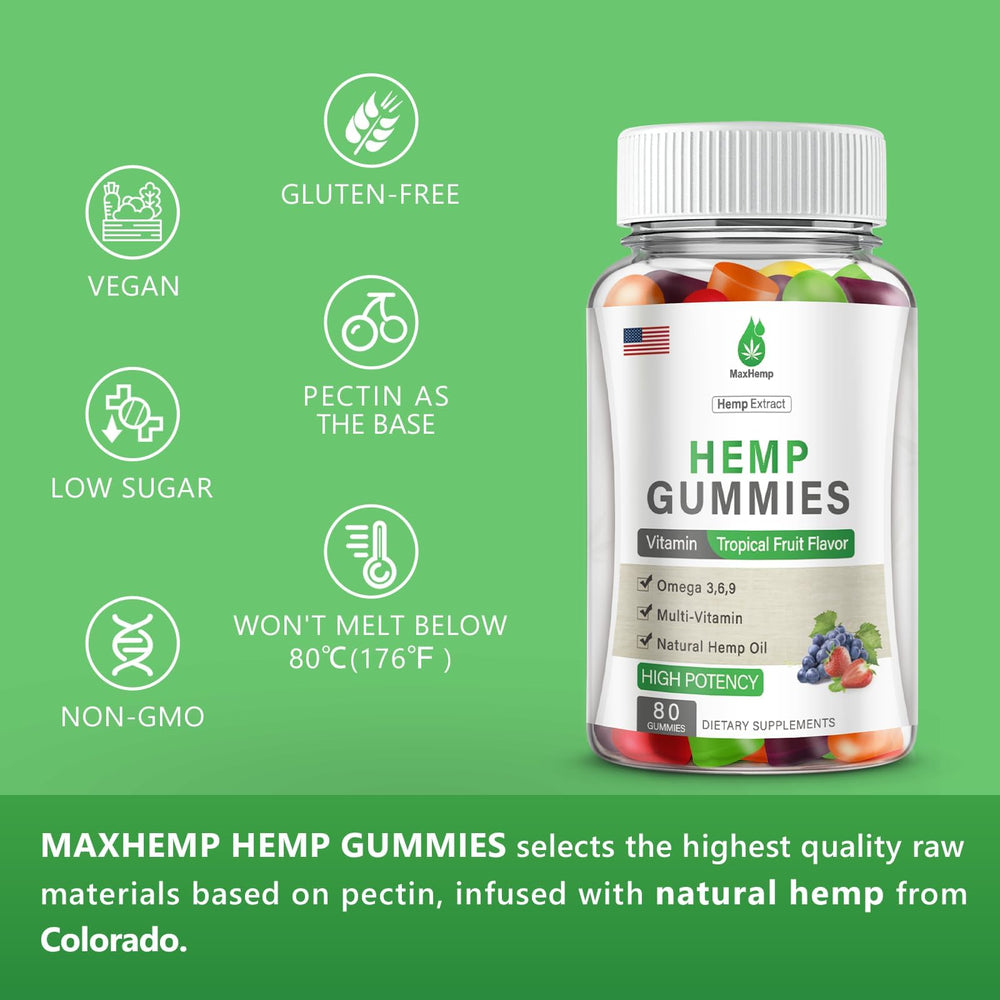 MaxHemp tropical fruit flavored gummies bottle for convenient daily use
