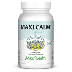 Maxi Calm bottle-front view highlighting serene packaging for relaxation support.