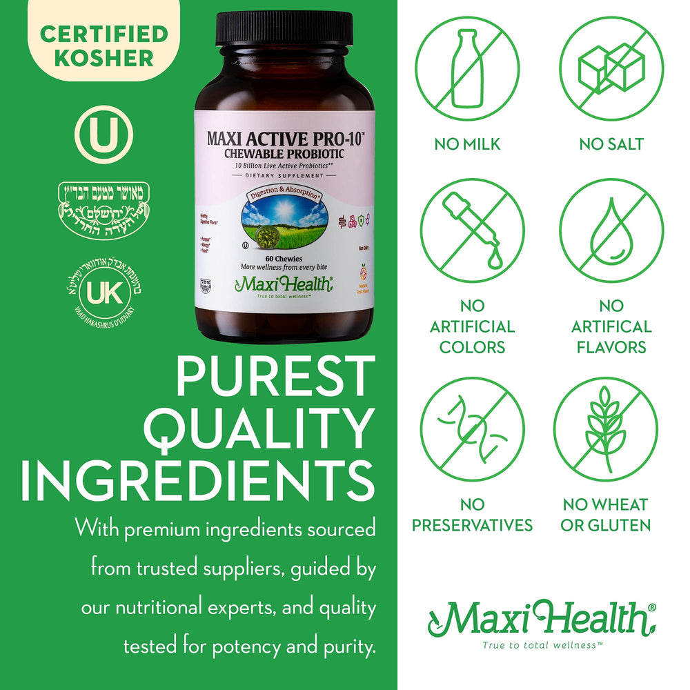 Maxi Health Active Pro-10 label detail with 15 strains illustration.